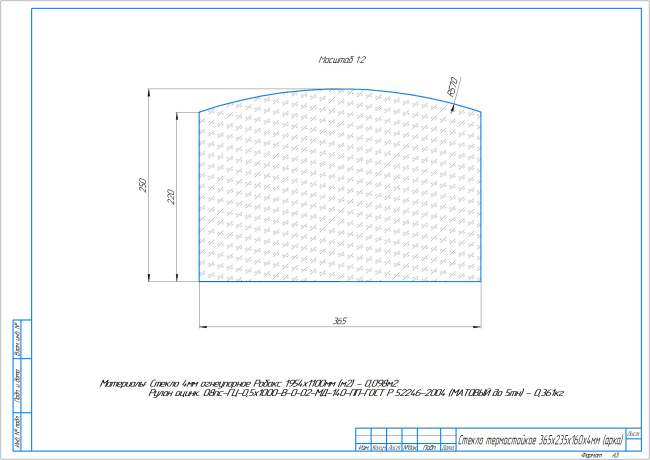 Стекло термостойкое 365х250х220х4мм (арка)
